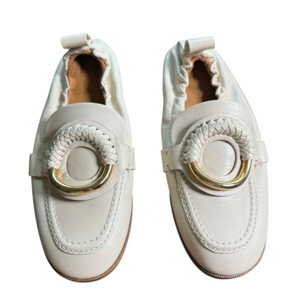 See By Chloé Hana Cream Leather Loafers Elastic Heel O Ring Women's Size 38